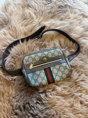 Authentic Gucci Beige/Ebony GG Supreme Belt Bag with Red & Green Web